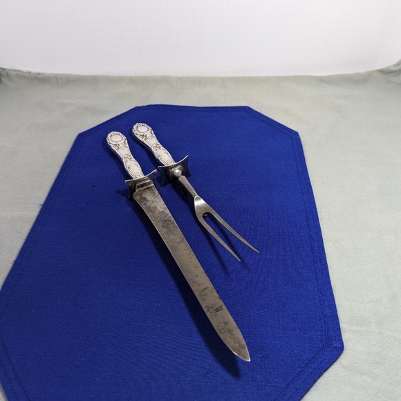 Antique British meat carving knife and fork set with sterling silver handles - Picture 2 of 8